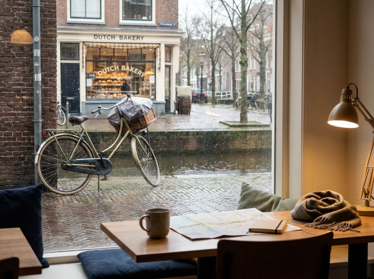 A bicycle leaning beside a canal near a Dutch bakery on a rainy weekday morning