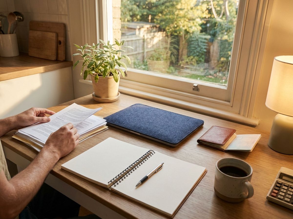 A relocation research desk with a laptop, passport, notebook, calculator, and coffee beside a kitchen window