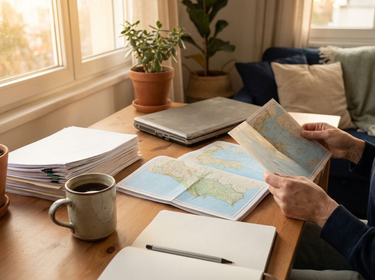 A work table beside a window with a laptop, rental documents, and two country maps
