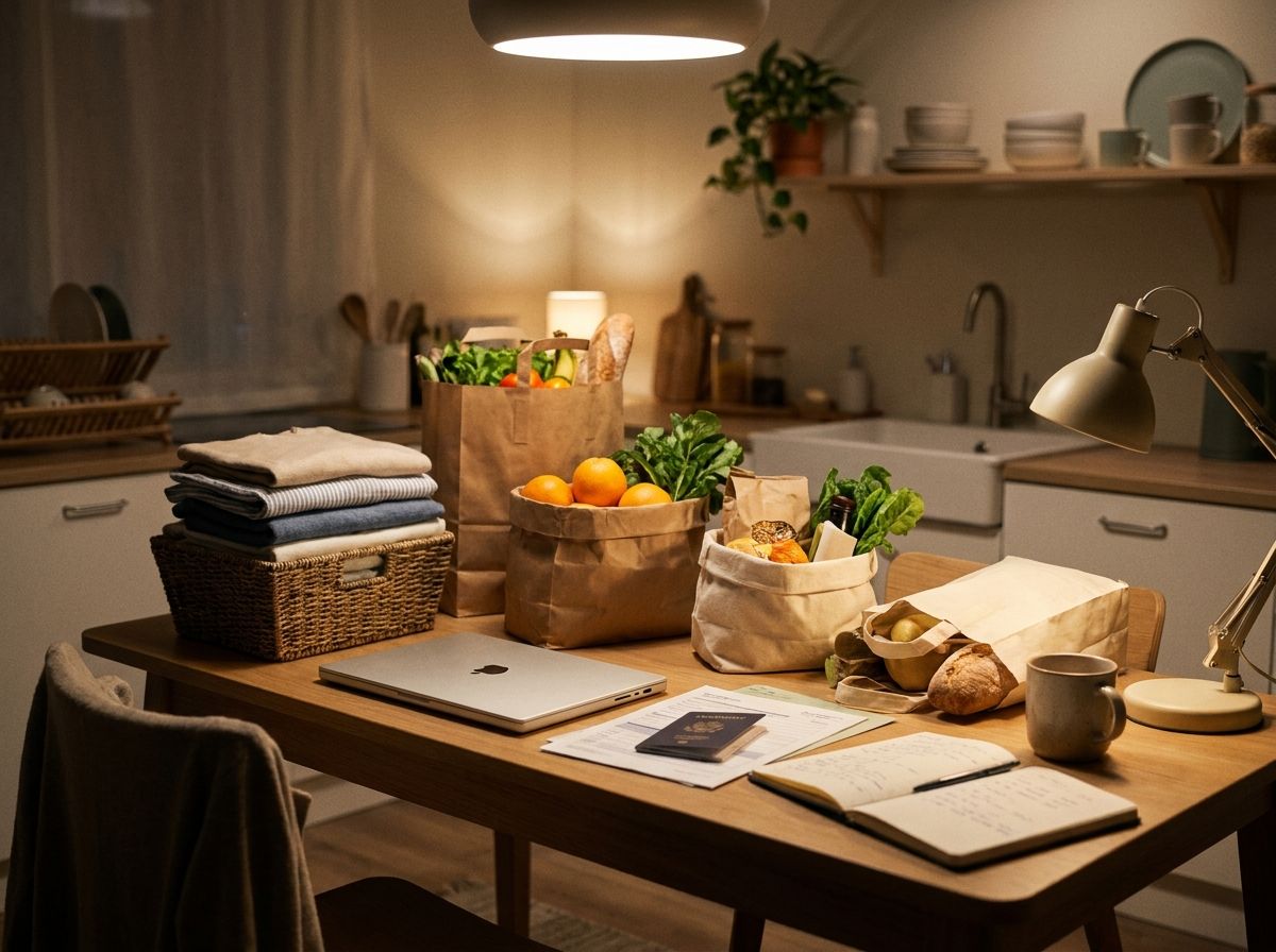 A quiet Sunday evening in a rented apartment, with groceries, laundry, and paperwork on a kitchen table