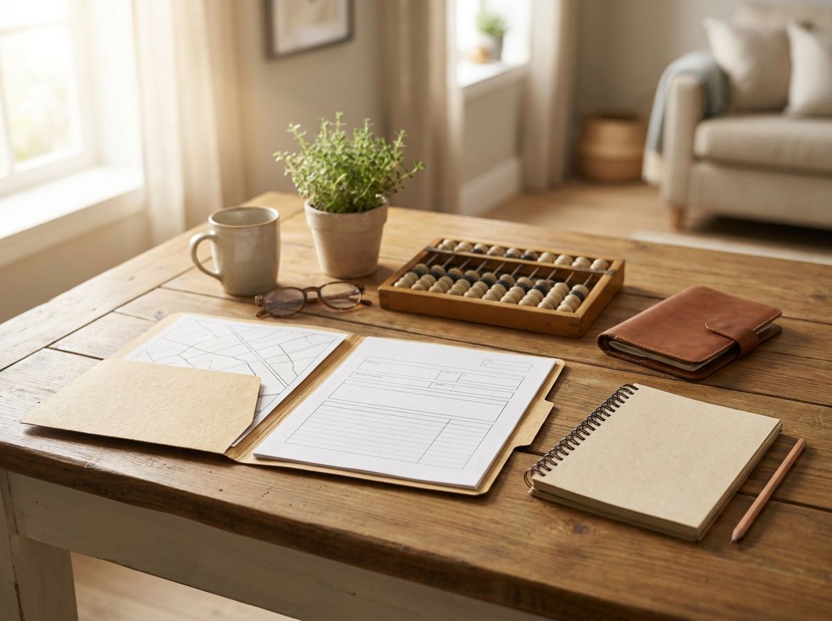 A printed country report beside a laptop, calculator, passport folder, and handwritten checklist on a kitchen table