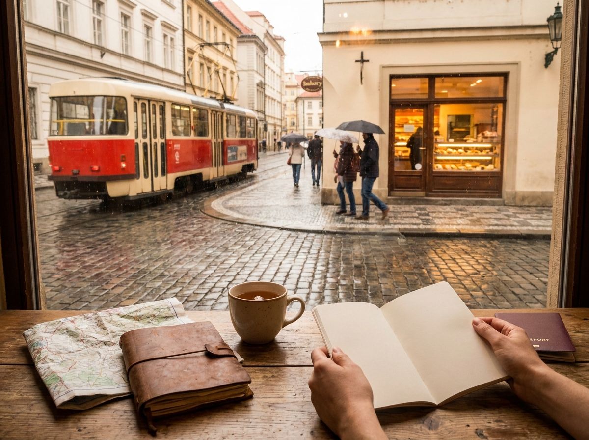 A Czech tram passing apartment buildings on a rainy morning while pedestrians walk toward a neighborhood bakery