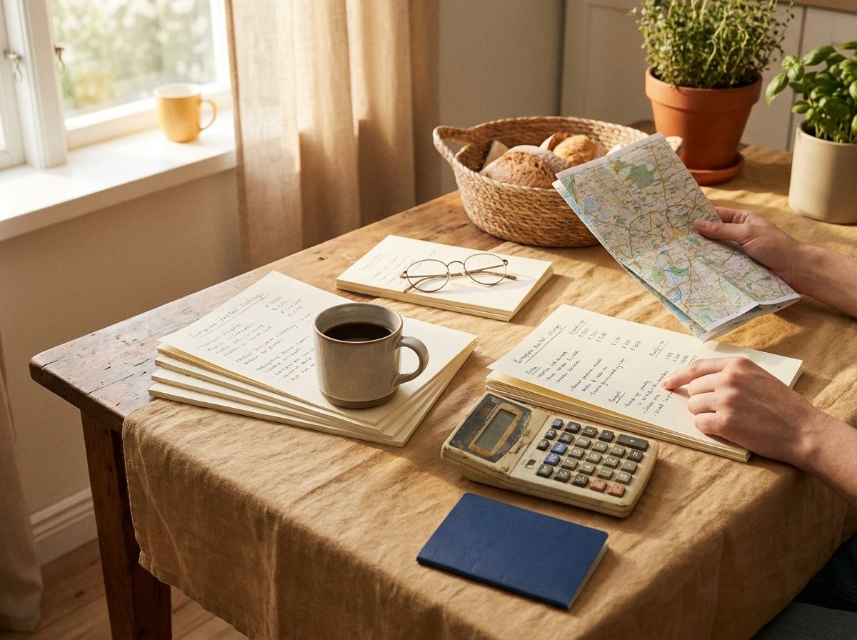 A kitchen table with two European rental listings, a calculator, coffee, and a passport