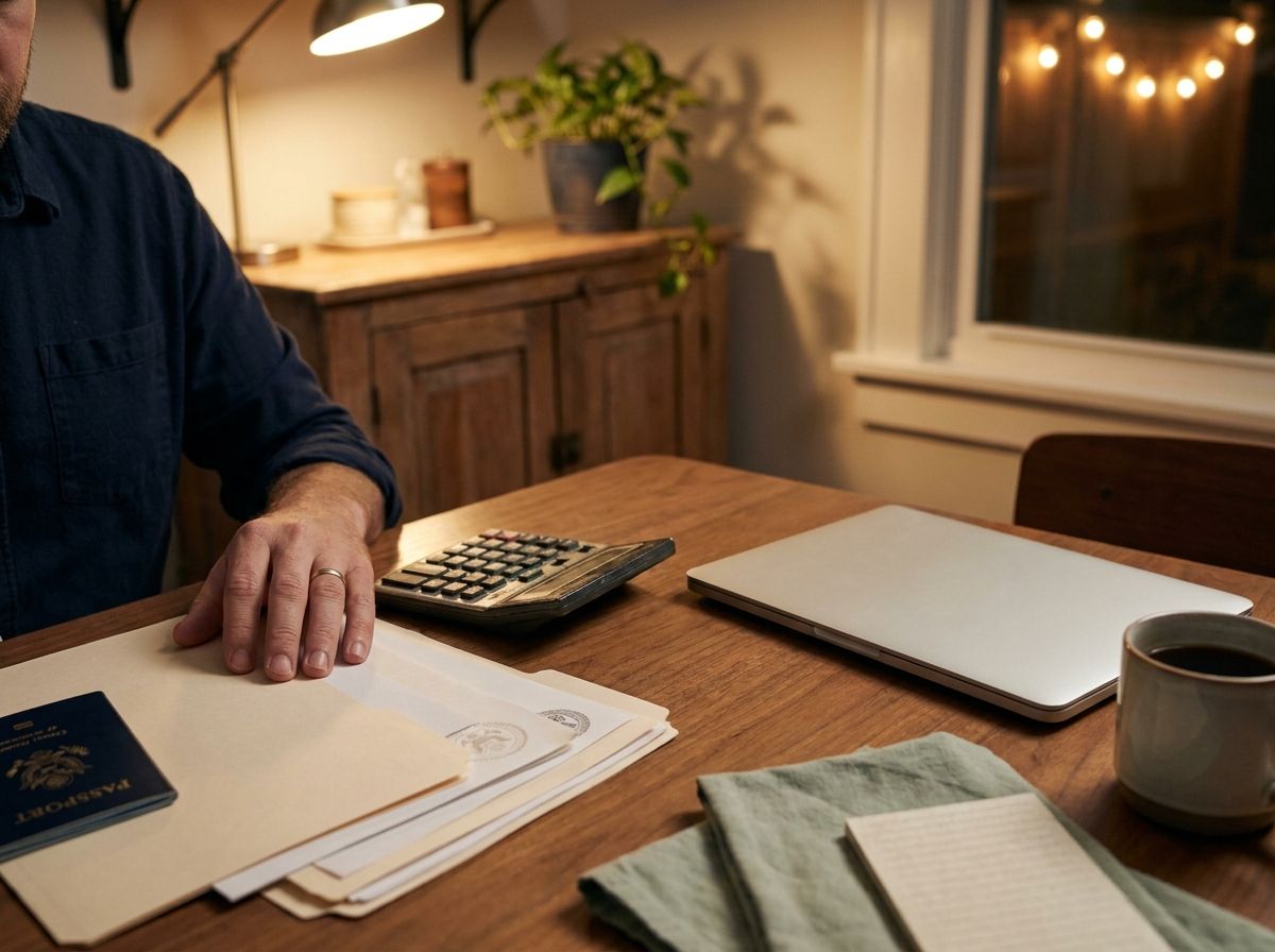 A folder of tax papers beside a passport and calculator on a kitchen table