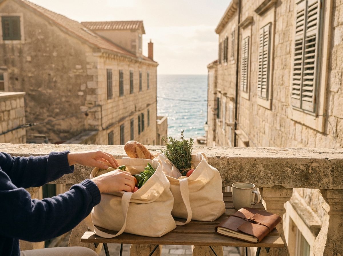 A Croatian apartment balcony with grocery bags, stone buildings, and the Adriatic Sea beyond