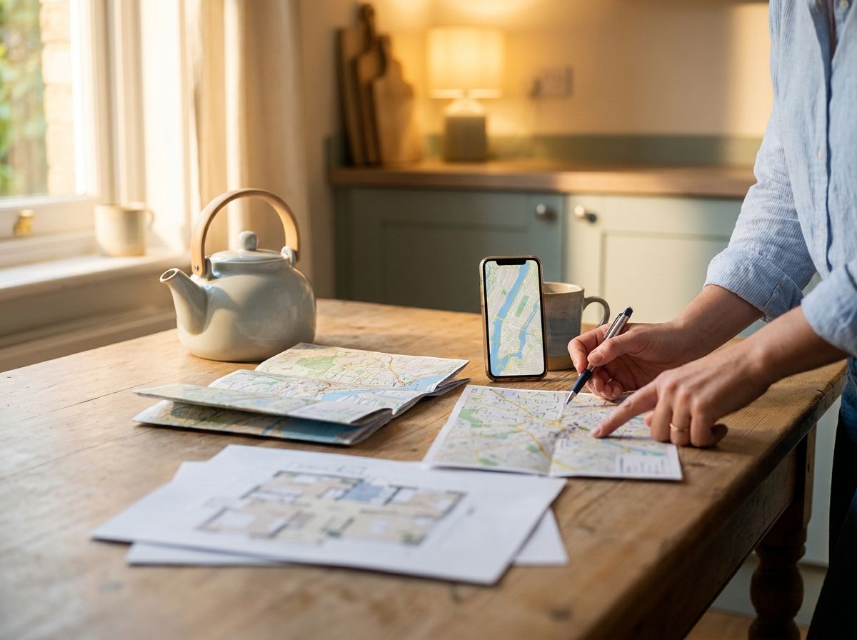 A quiet kitchen table with a kettle, printed city maps, rental listings, and a phone showing a map