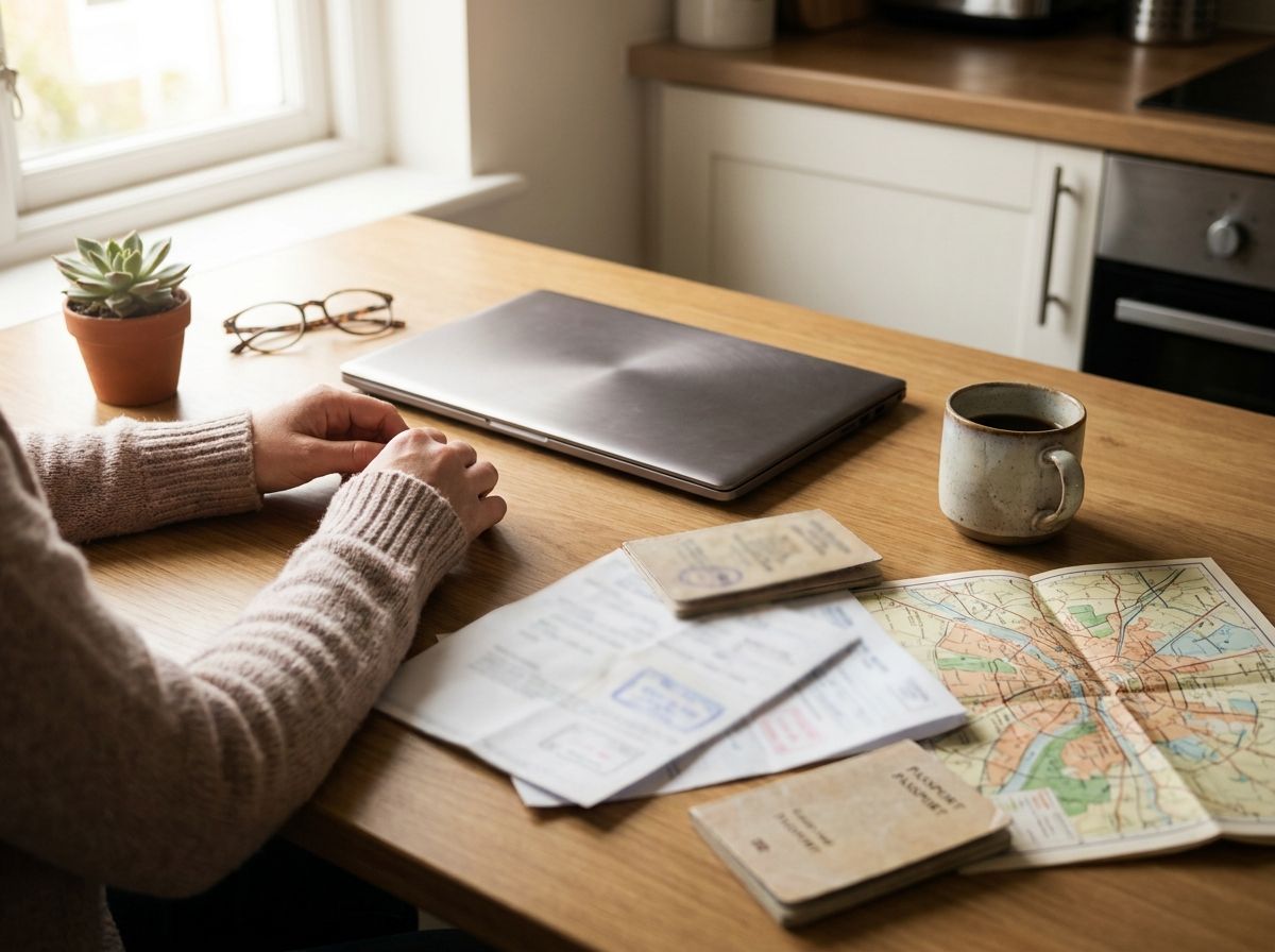 A laptop, passport, rental papers, and coffee on a kitchen table beside a city map