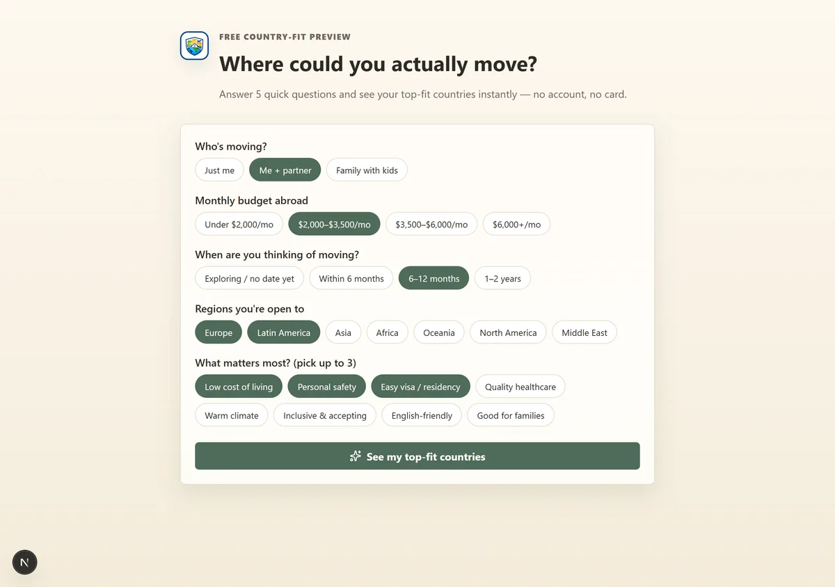 SafeHavenGuide country-fit quiz capturing your household, budget, timeline, and priorities, so every country score is personalized to your family.