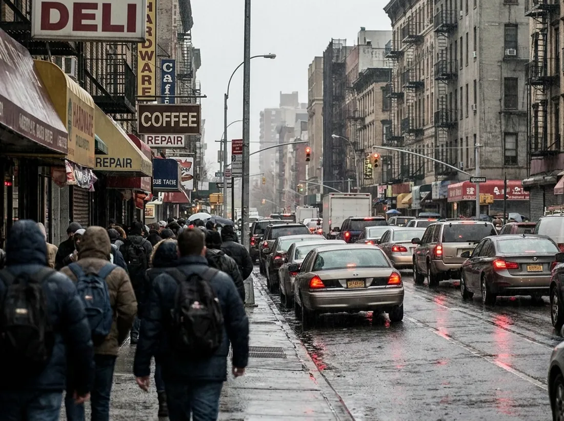 A chaotic, gridlocked US urban street during rush hour.