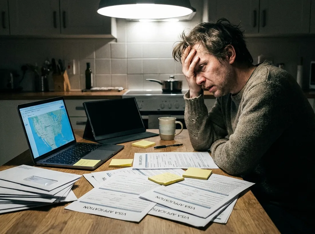 A stressed person buried in paperwork, laptops, and bills, overwhelmed by planning a move abroad alone.