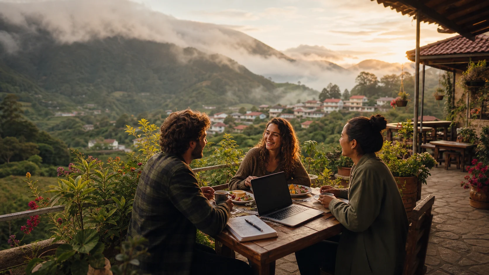 Friends dining and working casually on a cafe terrace in the misty Panama highlands.