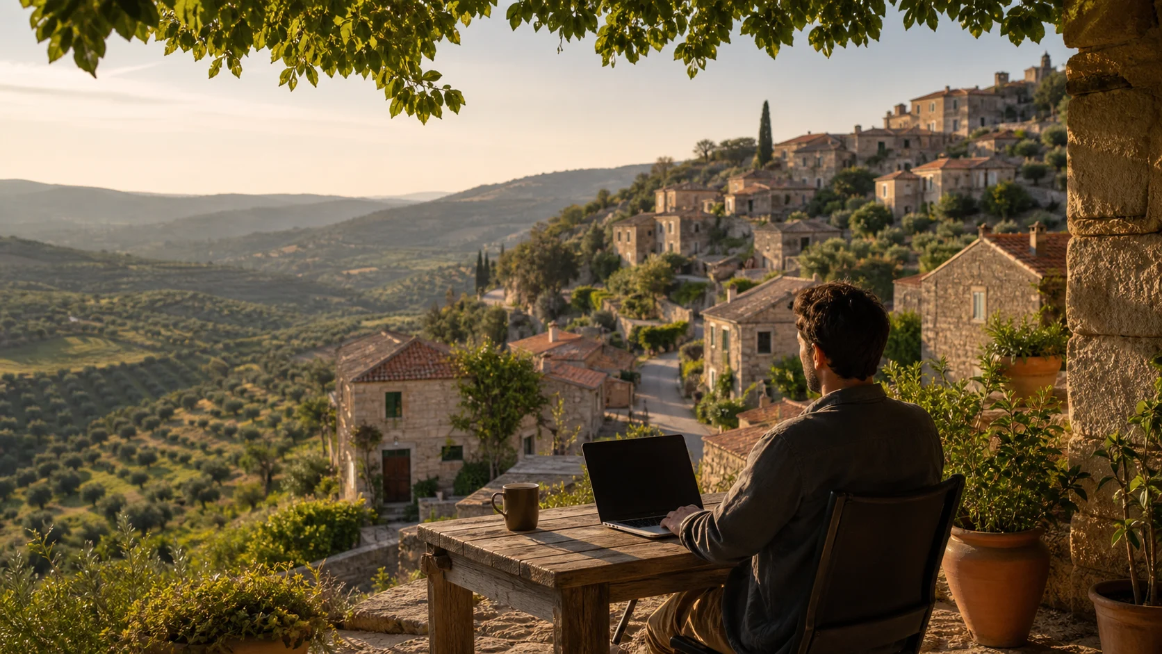 Remote worker on a quiet hillside terrace in inland Portugal overlooking olive groves and stone homes.